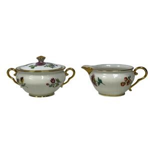 AJCO (AJ07) Vintage 1930's Gold Trim Flower Cream Pitcher/Sugar Bowl w/Lid